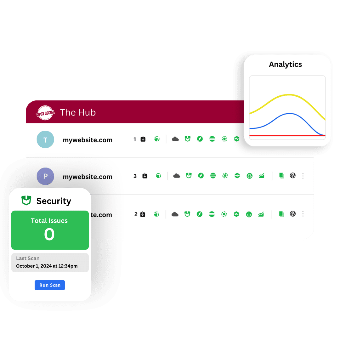 The Hub dashboard with analytics and security graphics