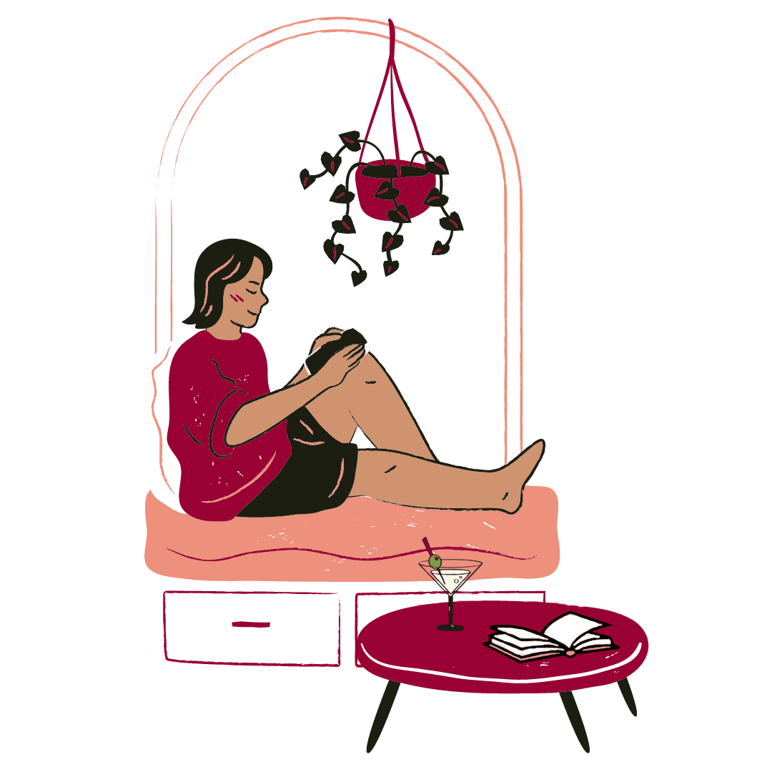 Female cartoon character reading a book on a couch with a martini glass on her table